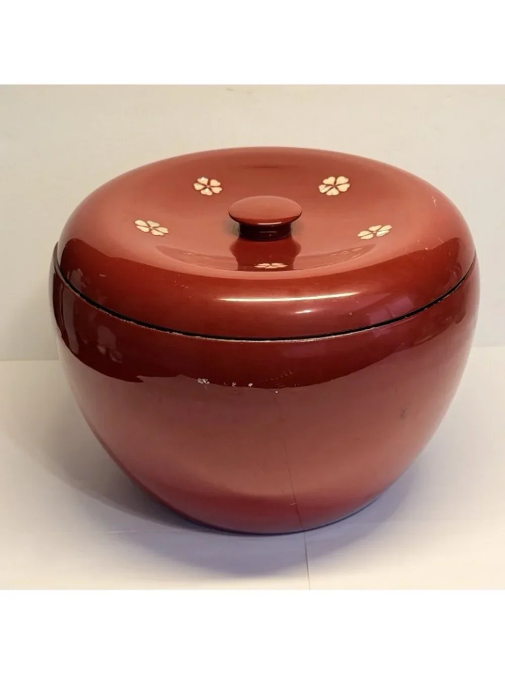 Japanese Wood Red Lacquer Ohitsu Rice Serving Bowl Mother of Pearl Inlay
